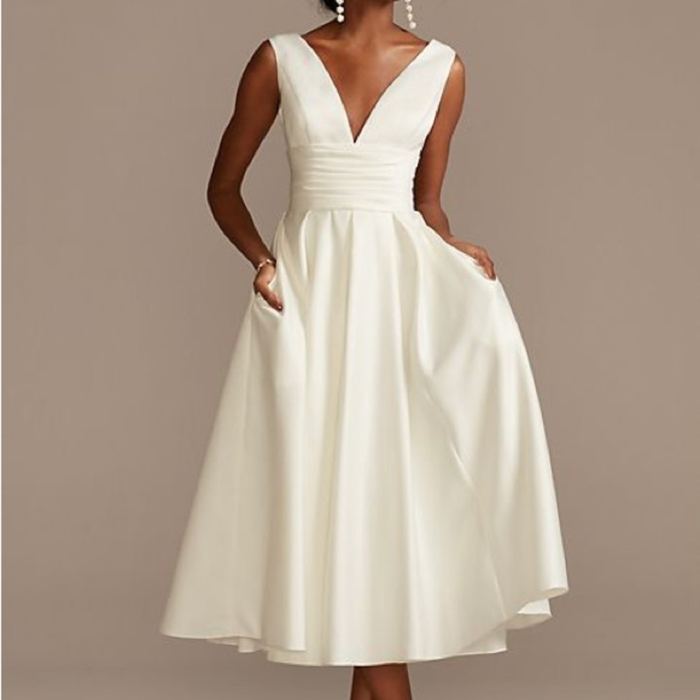 NWT David’s Bridal Studio - Satin V-Neck Tea Length A-Line Dress (Ivory)